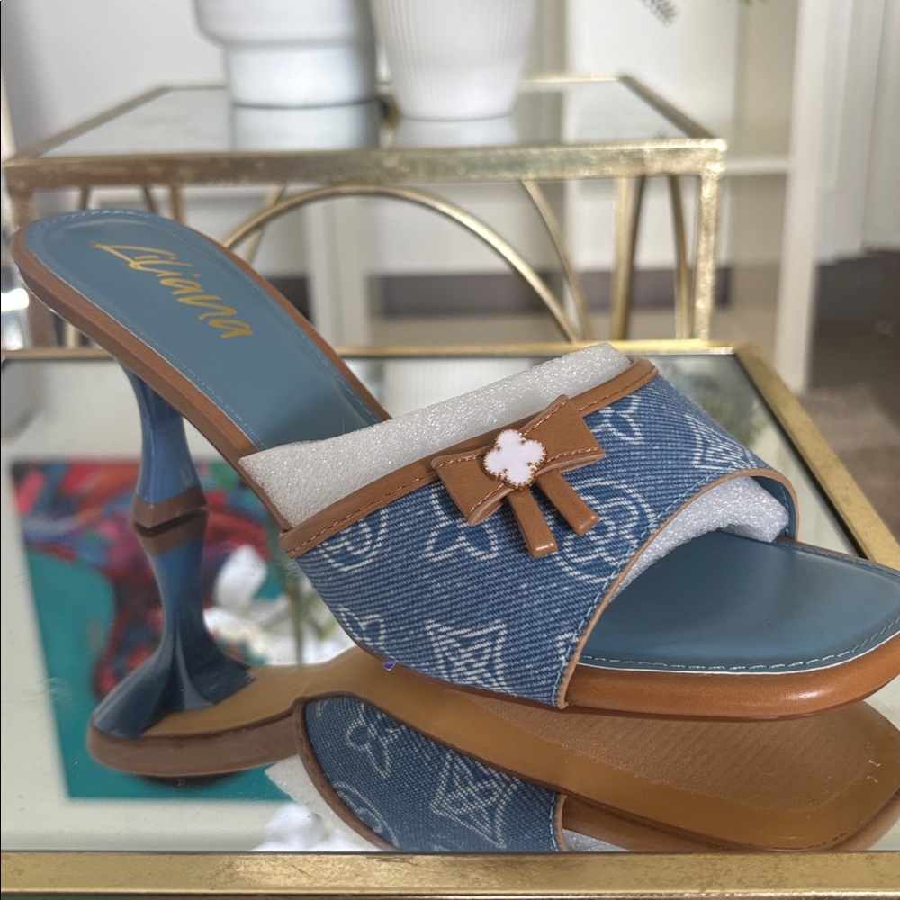 Stylish Denim and Brown Open-Toe Heels